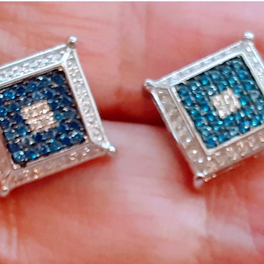 .925 Sterling Silver Blue & White Stone Earrings
